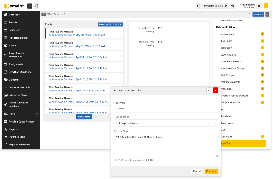 eMaint CMMS X5 screenshot of eSignature