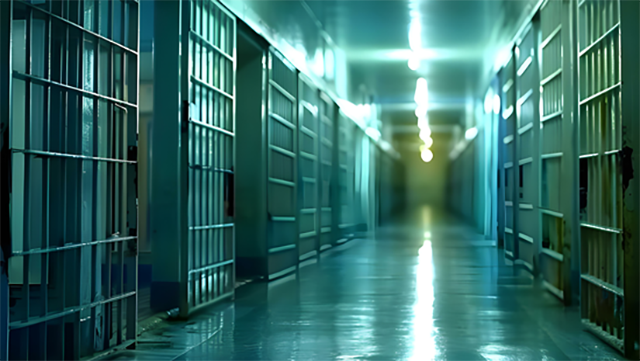 Jail cells lining a hallway at a corrections facility