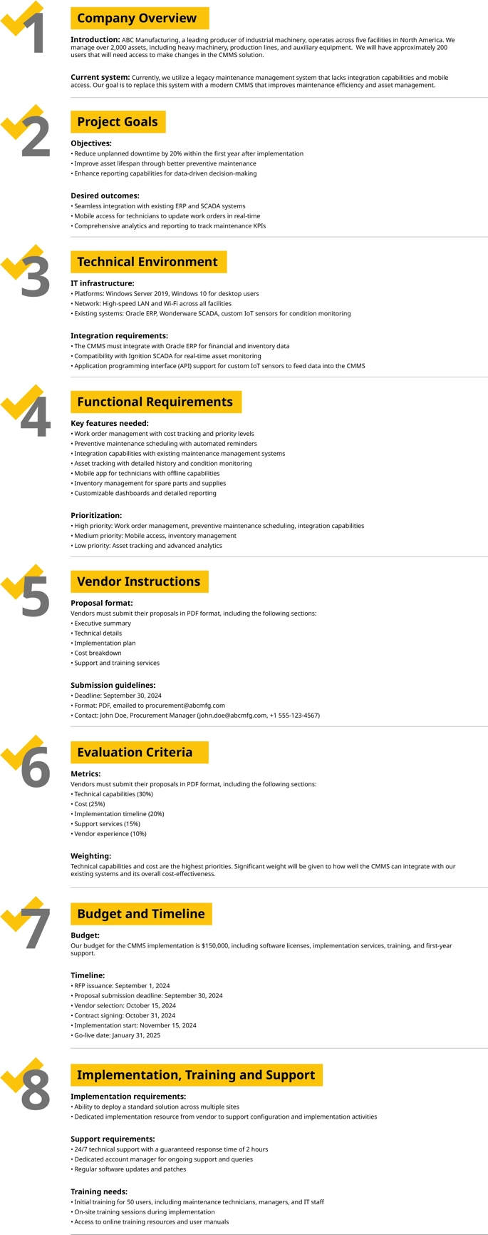 An infographic illustrating an example of creating a CMMS RFP and showing the 8 steps to take. 